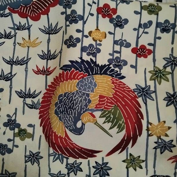 Coupon kimonozijde handbedrukt 50cm tot 150x36cm vogel