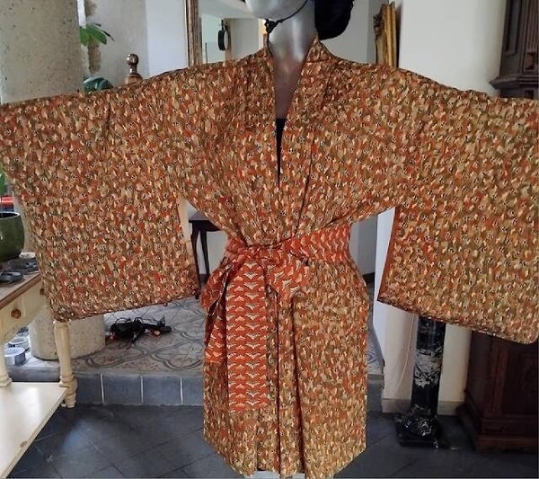 Roodbruine haori met abstract motief 'Herfst in Japan'