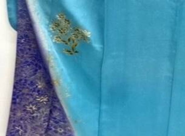 Furisode kimono lichtblauw-turquoise bladgoud bewerkt 100% zijde