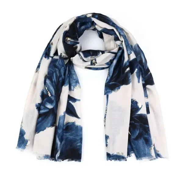 Sjaal beige met blauwe bloemen