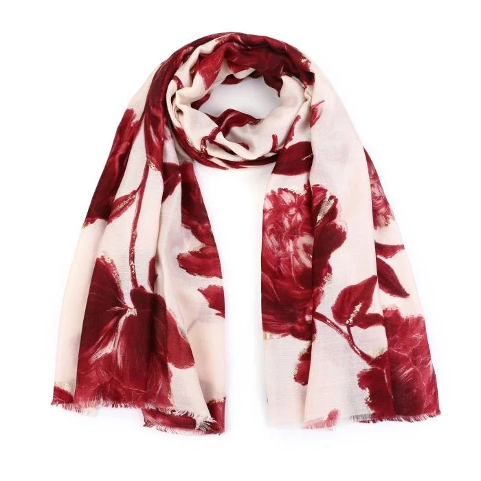Sjaal beige met bordeaux bloemen