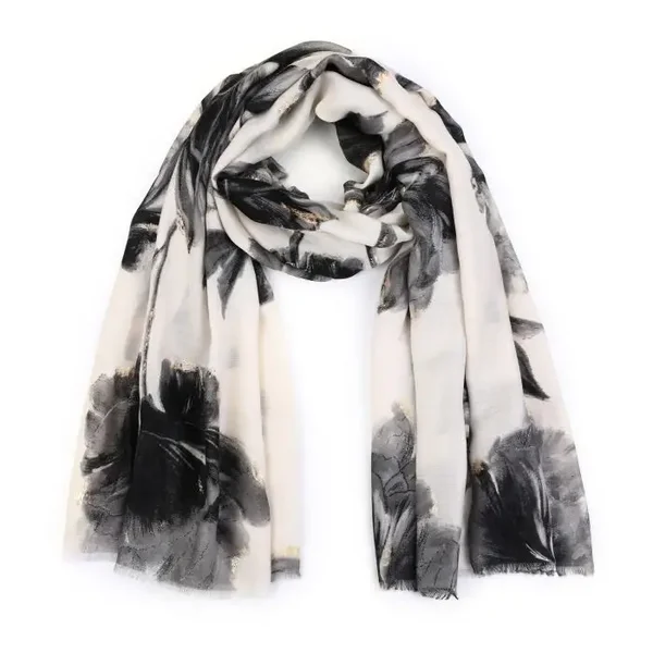 Sjaal beige met zwart/ grijze bloemen