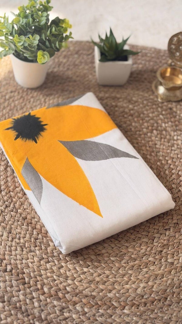 Kerala Cotton Saree with Bold Floral Mustard Print