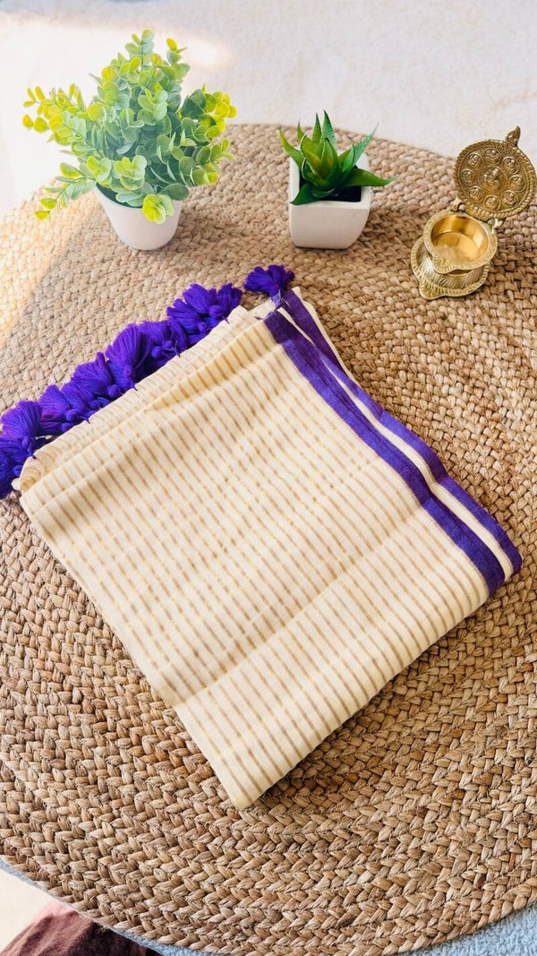 Kerala Kasavu Cotton Saree with Royal Purple Border & Tassels