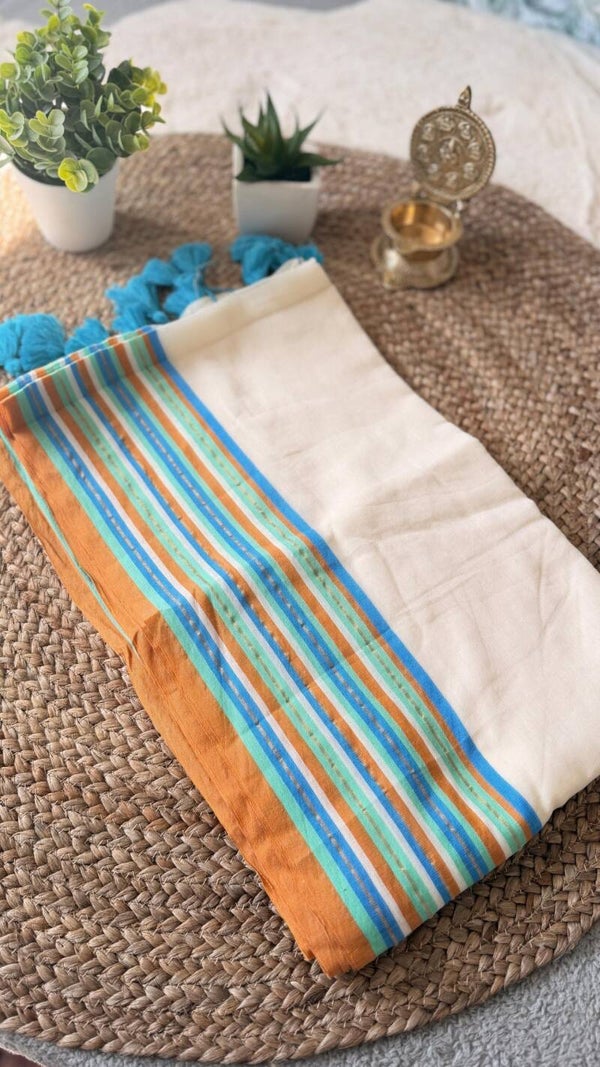 Kerala Cotton Saree with Multicolour Stripe Border & Blue Tassels