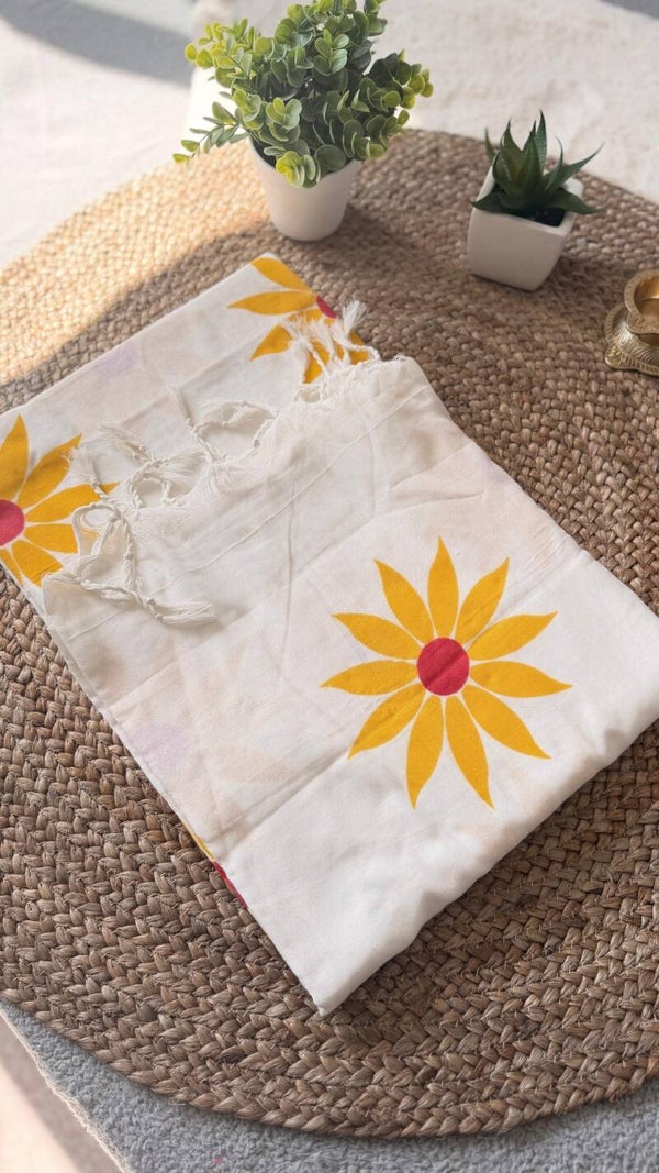 Kerala Cotton Saree with Sunshine Floral Print & Tassel Finish