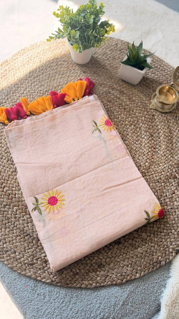 Kerala Cotton Saree with Pastel Blush Base, Floral Embroidery & Dual-Tone Tassels
