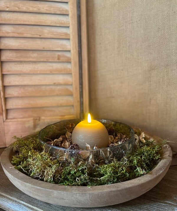 Set Houten Schaal met Glazen Schaal en Led Kaars