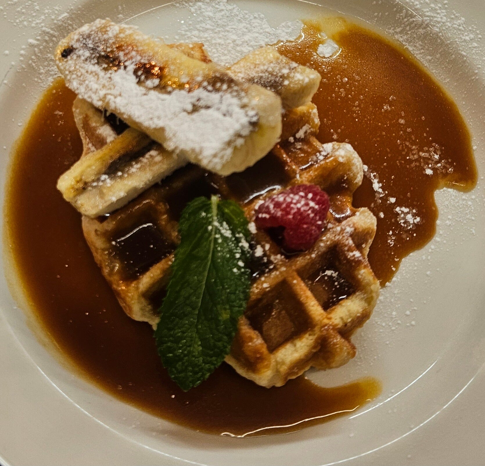 Waffle caramel sauce with banana