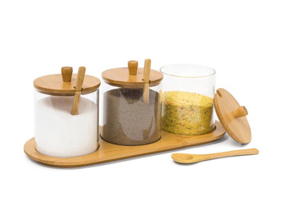 Glazen Kruidenpotjes Set met Bamboe Plateau, Deksel & Lepel