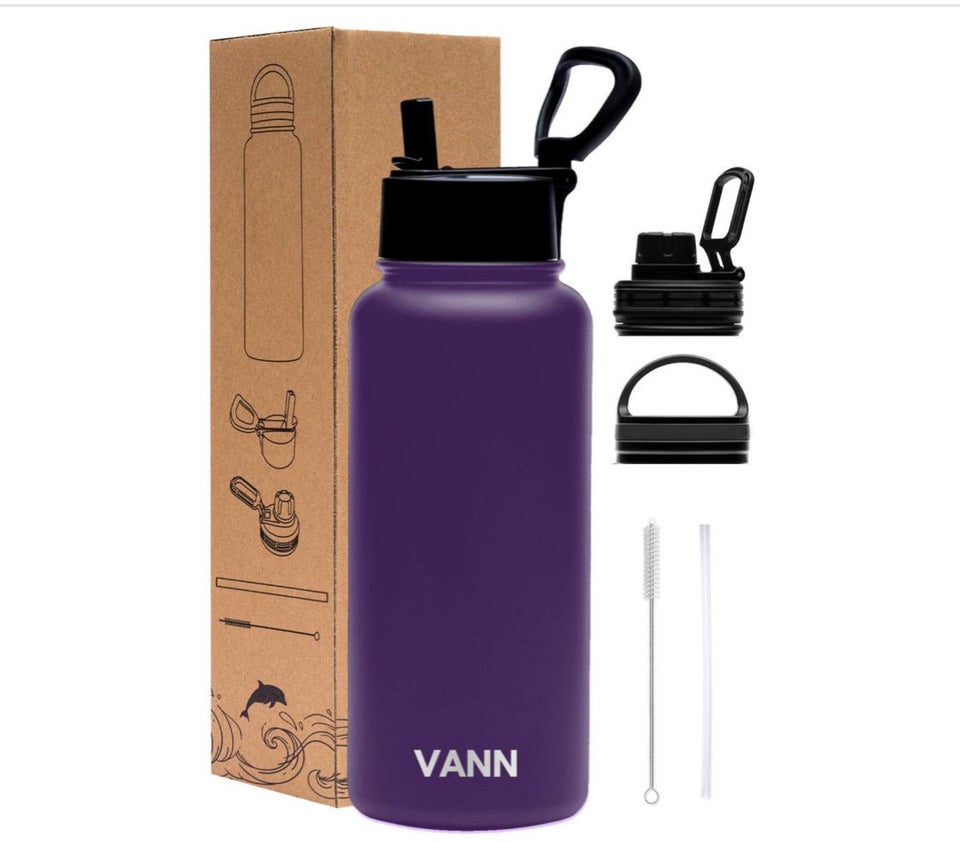 VANN RVS Drinkfles – 1L – Paars – Inclusief 3 Doppen & rietje & borstel
