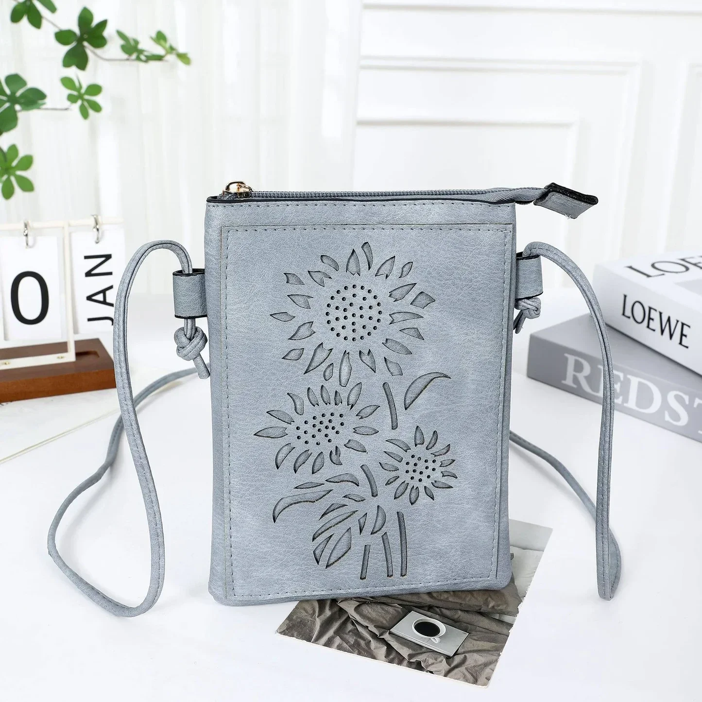 Blue - Sunflower laser cut crossbody cellphone bag