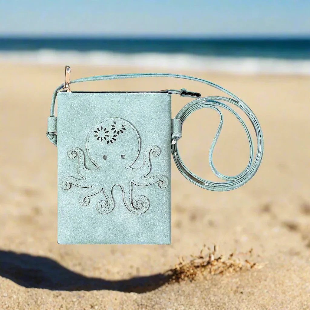 Blue - Laser Cut Crossbody Cellphone Bag - Octopus