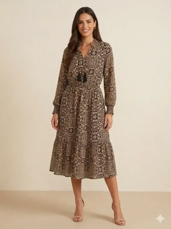 Neutral Floral Tie-Front Midi Dress with Smocked Waist