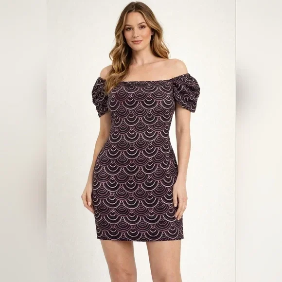 Elegant Off-Shoulder Black Sparkle Pink Pattern Dress