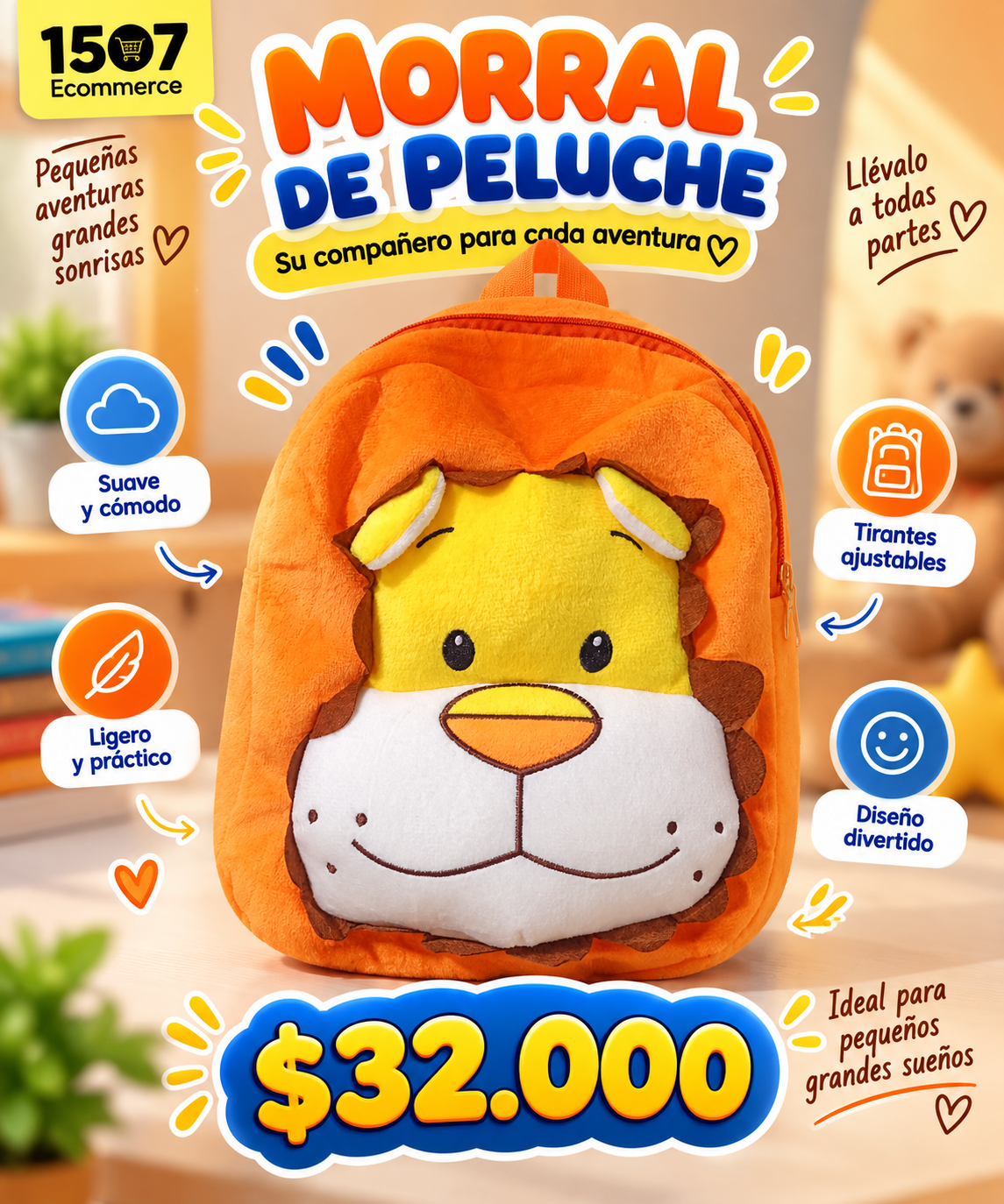 🎒🦁 Morral de Leoncito Peluche Infantil