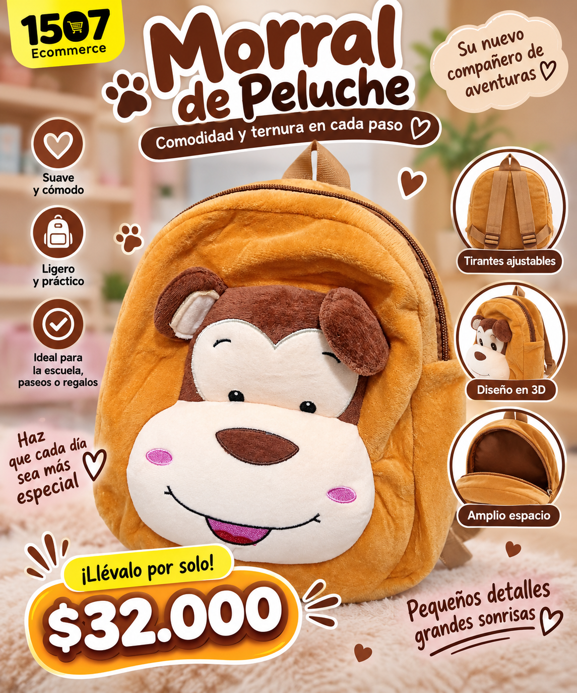 🎒🐒 Morral de monito Peluche Infantil