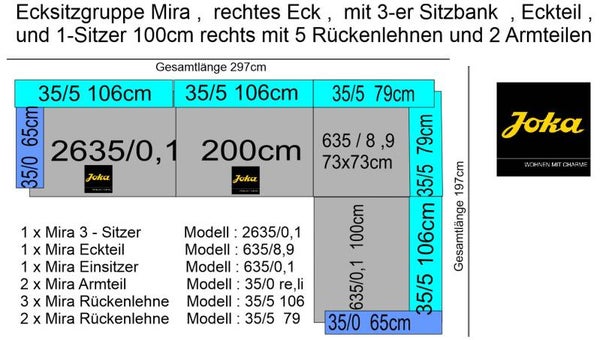 Joka Sitzecke Mira , Stoffgruppe 66 , rechtes Eck , 297cm x 197cm