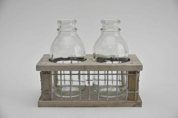 Tray hout/gaas met 2 flessen grey wash