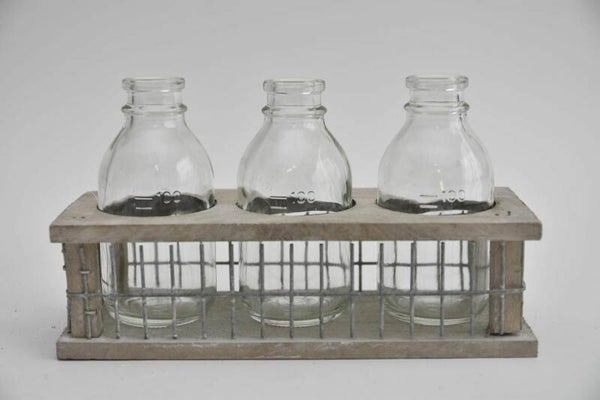 Tray hout/gaas met 3 flessen grey wash