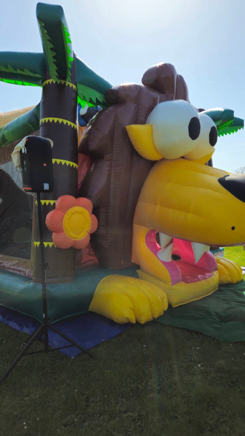 Ein Bild von unserer JBL Partybox und einer Löwen Hüpfburg bei der Tanz in den Mai Maifeier 2024 in Twieflingen wo wir mit unserem Musik-Service unterstützen durften