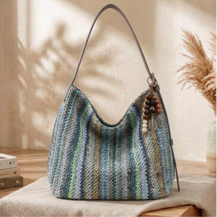 Borsa Donna Azzurra in Ecorafia ed Ecopelle con Manico Regolabile