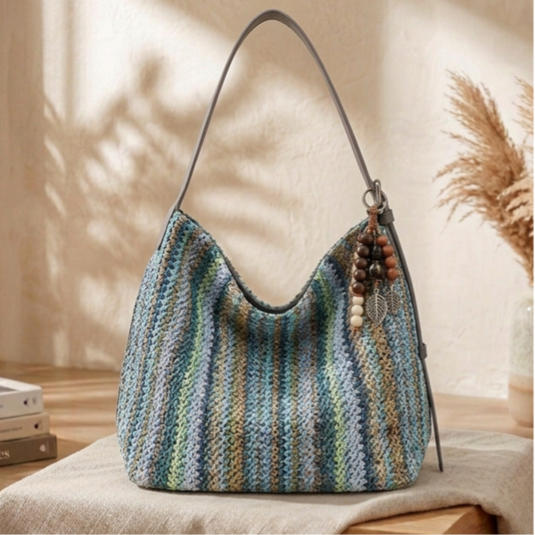 Borsa Donna Azzurra in Ecorafia ed Ecopelle con Manico Regolabile