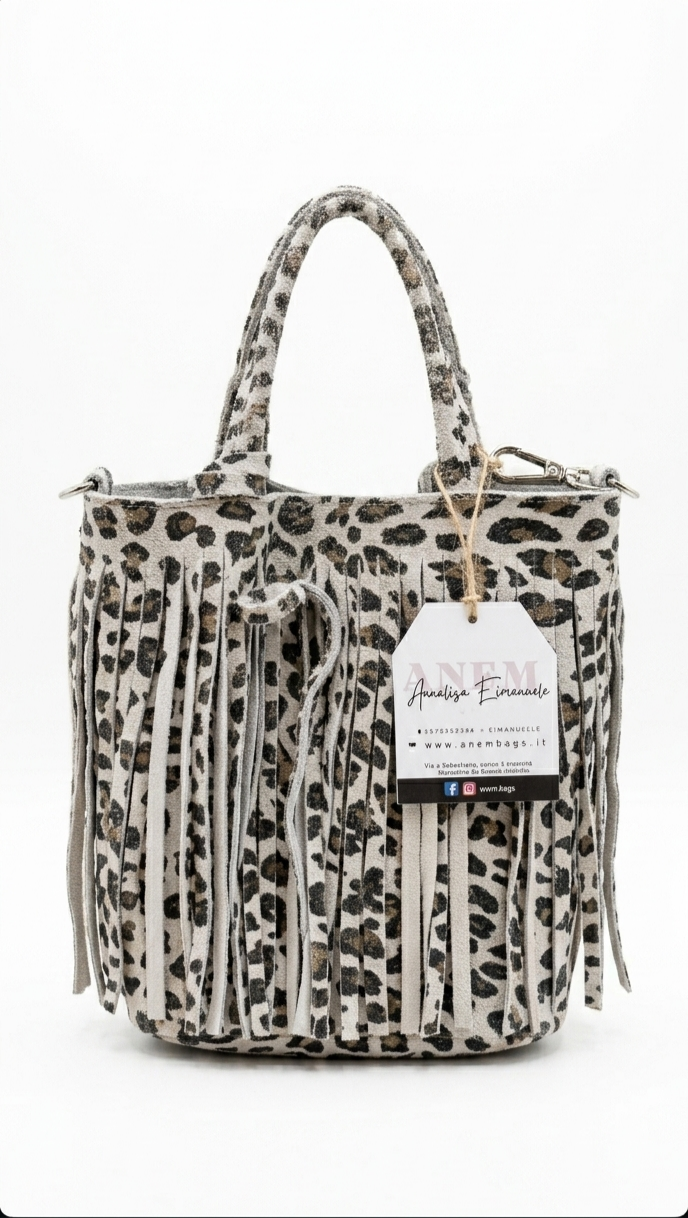 Borsa Baby Frangetta AnemBags in Camoscio Raso Animalier con Frange