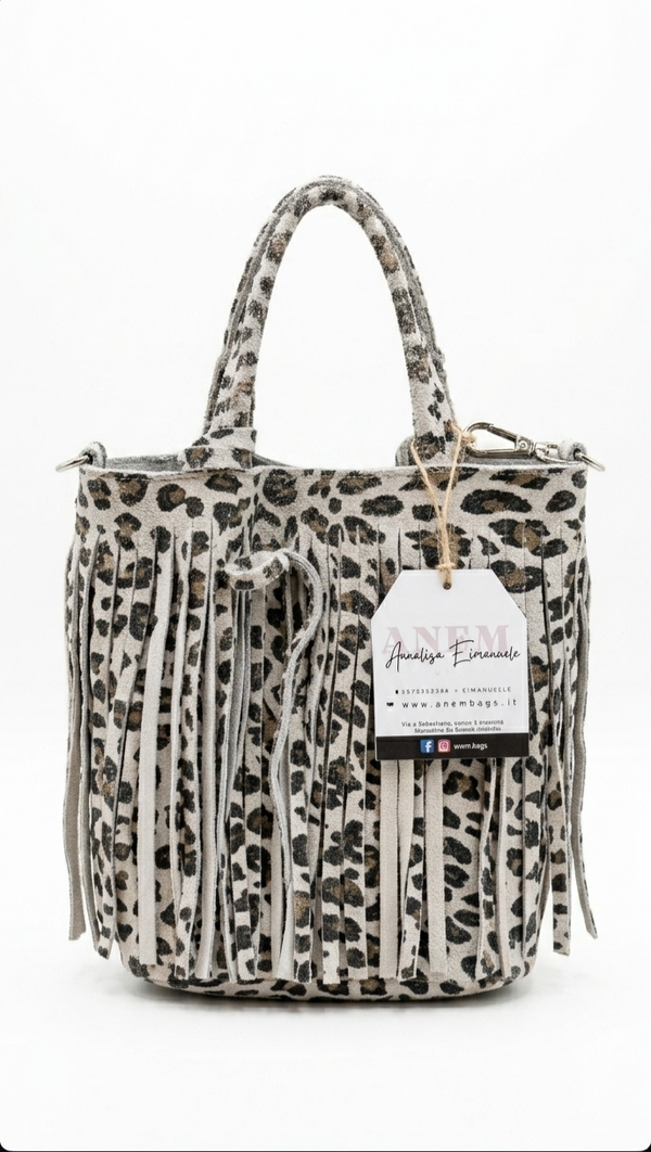 Borsa Baby Frangetta AnemBags in Camoscio Raso Animalier con Frange