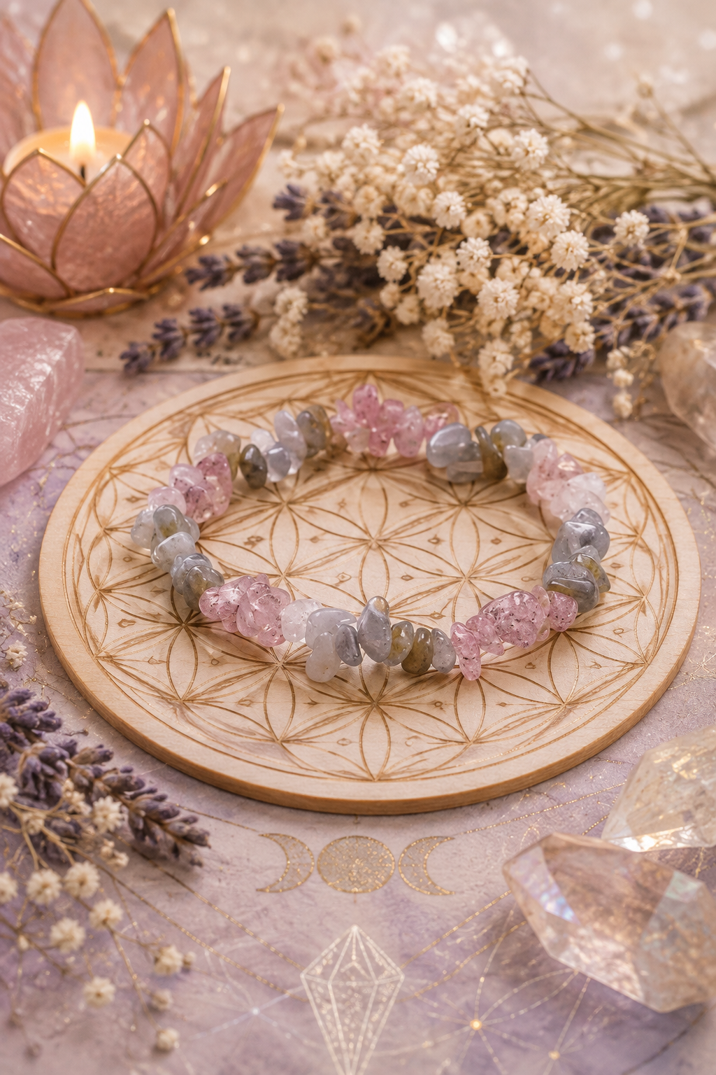 Bracelet labradorite et quartz fraise