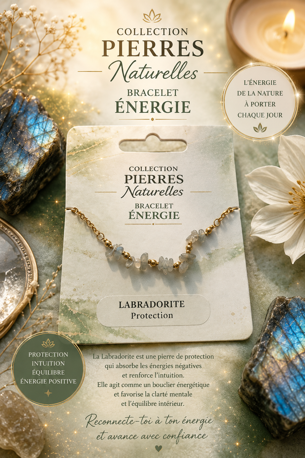 Bracelet labradorite avec sa chaîne doré