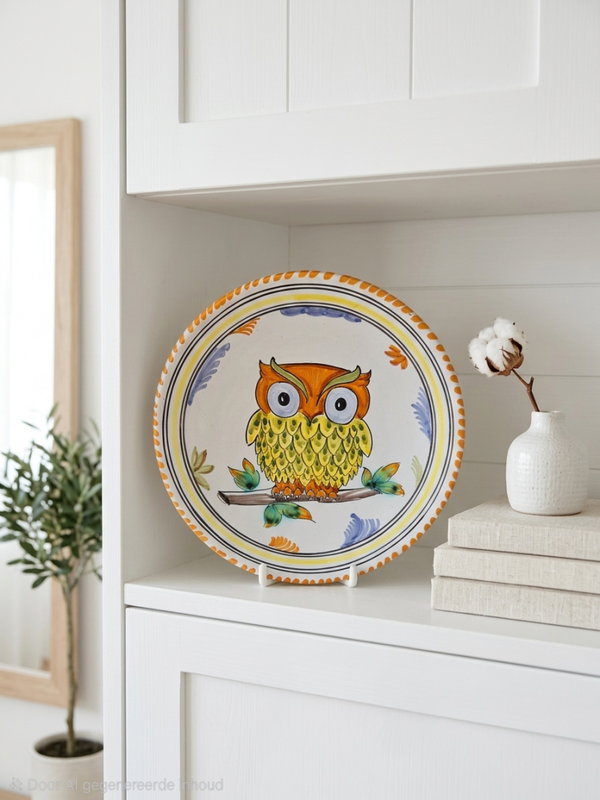 Italiaans Majolica Wandbord Uil, atelier Mezzaluna.