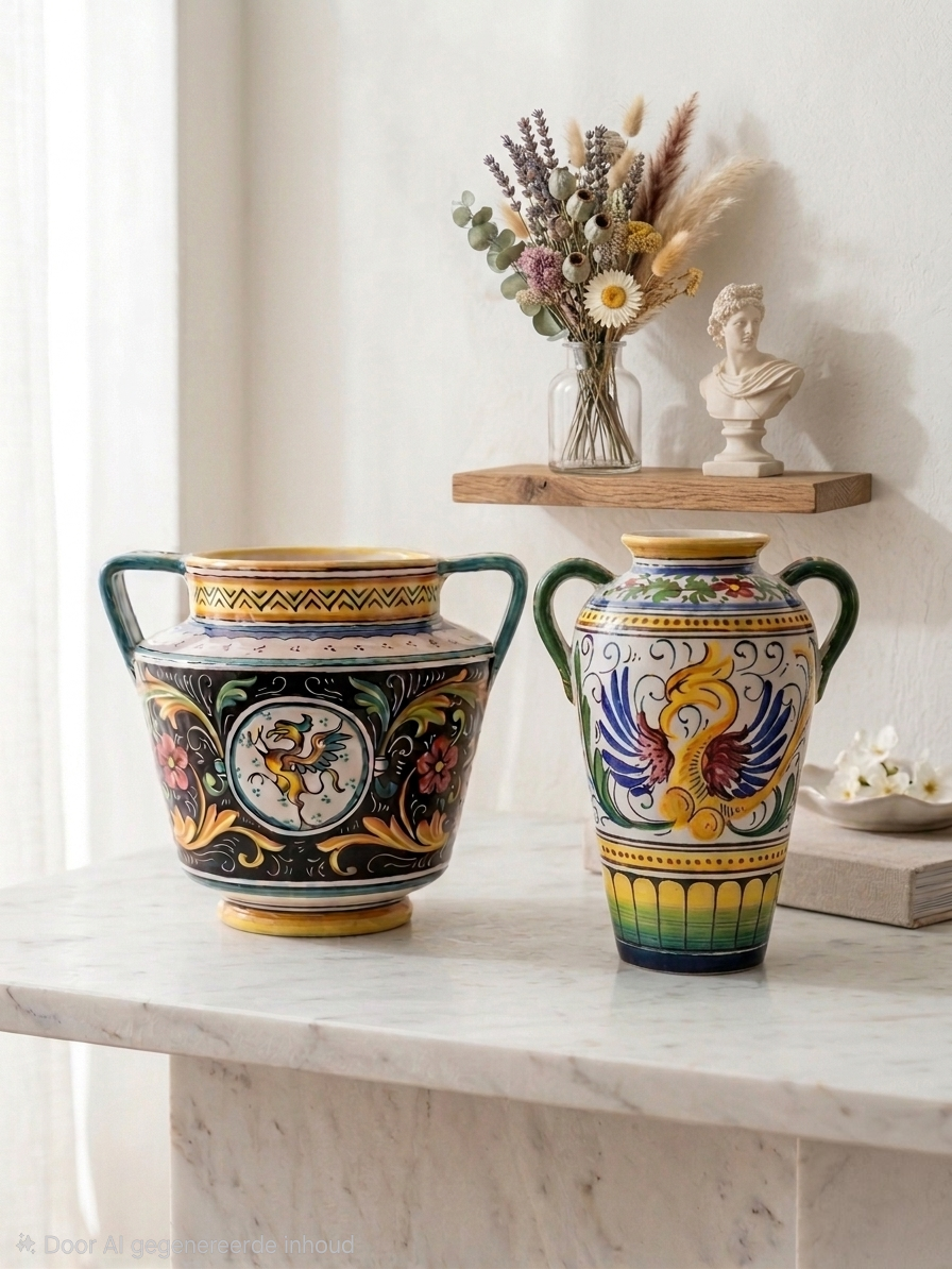Vintage Italiaanse Majolica Vazen – Set van 2 – Handbeschilderd Raffaellesco