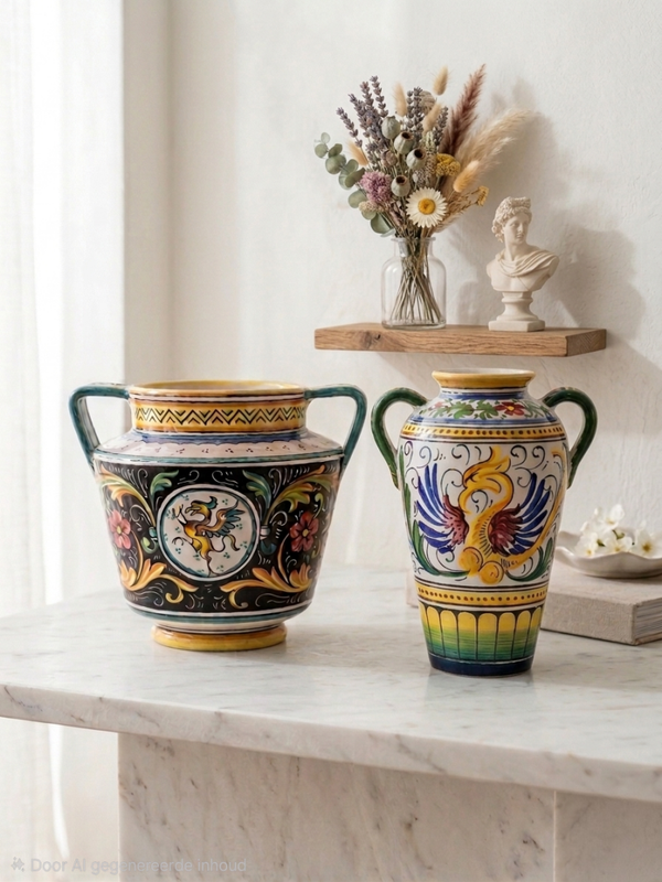 Vintage Italiaanse Majolica Vazen – Set van 2 – Handbeschilderd Raffaellesco