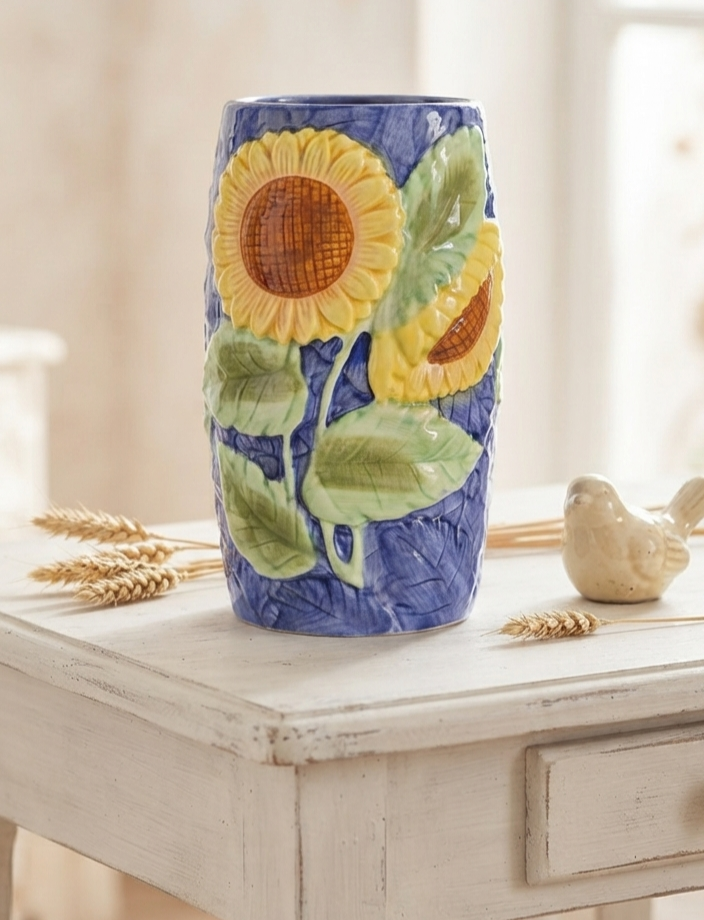Vintage Mid-Century Majolica Zonnebloem vaas