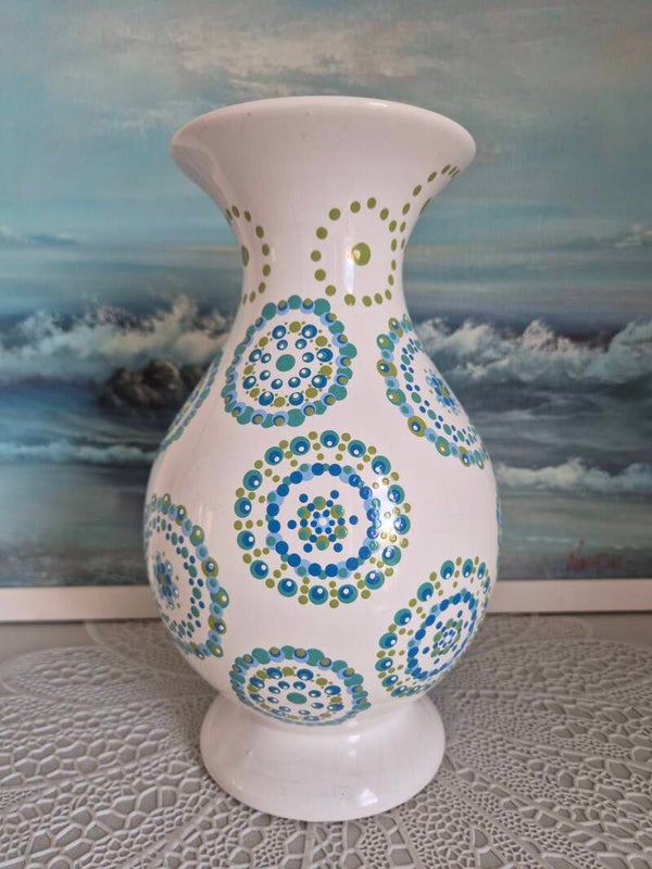 ​Handbeschilderde Retro Vaas – Frisse Blauw- & Groentinten