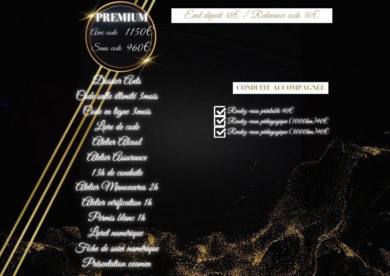 formule premium en boite automatique AUTO ECOLE LTER 1150 euros avec le code et sans le code 960  euros