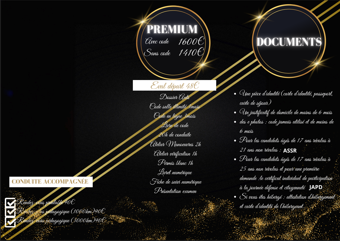 formule premium en boite automatique AUTO ECOLE LTER 1150 euros avec le code et sans le code 960  euros