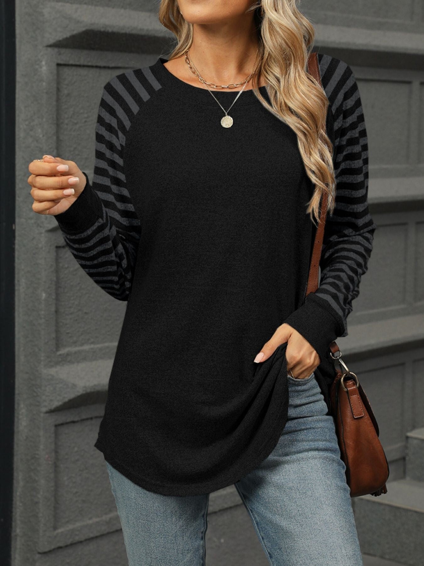 Striped Round Neck Raglan Sleeve T-Shirt