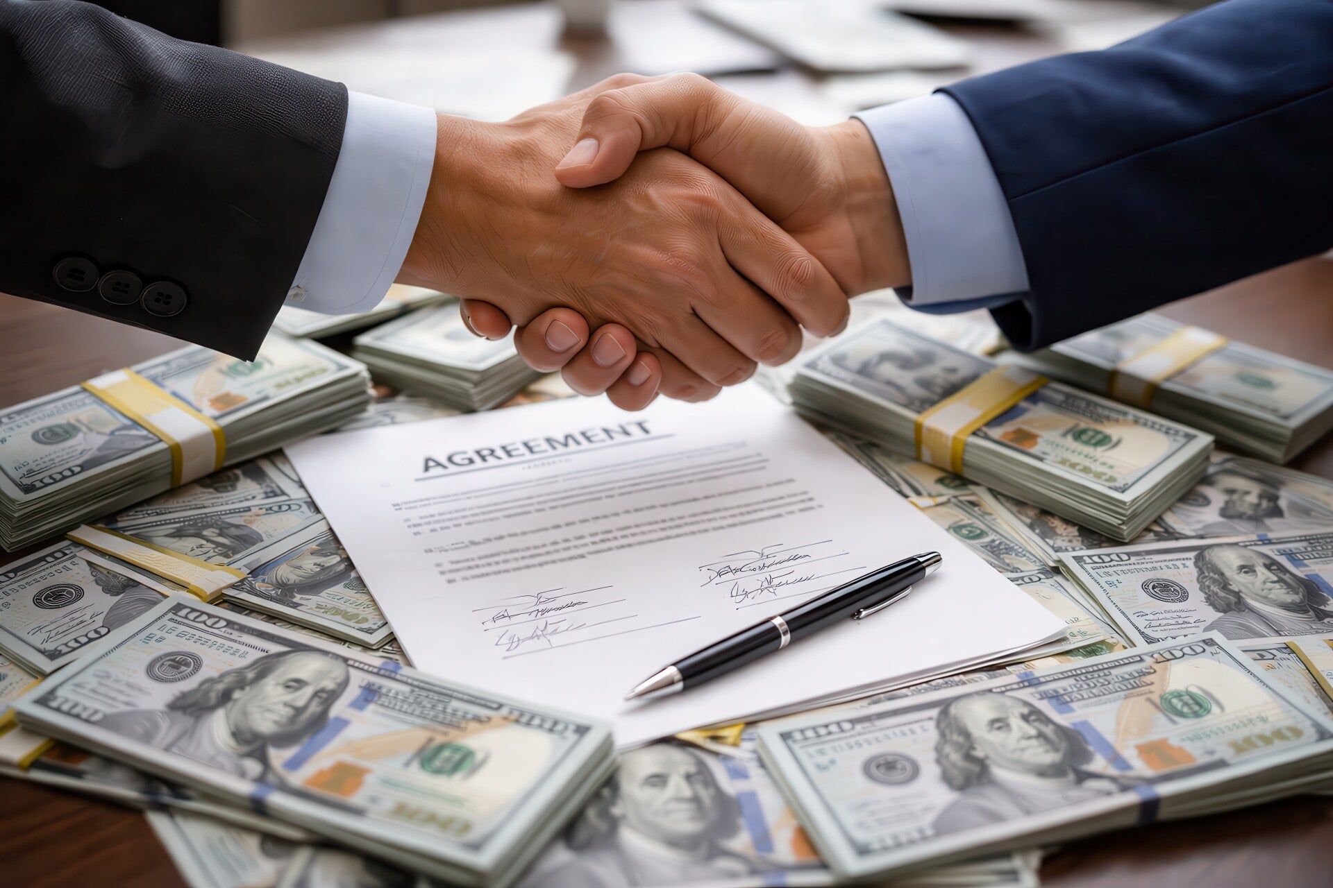 Image of business men shaking hands over a contract surrounded by stacks of money