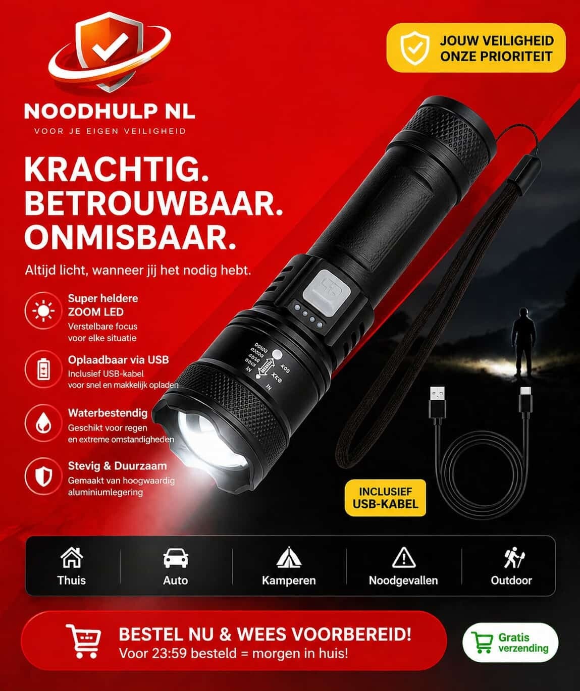 Zeer felle zaklamp USB-C Oplaadbaar