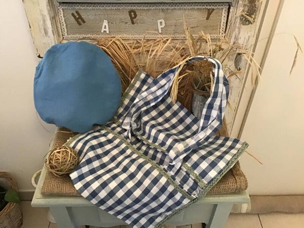 Sac à tarte à carreaux bleu gris et sa charlotte réversible