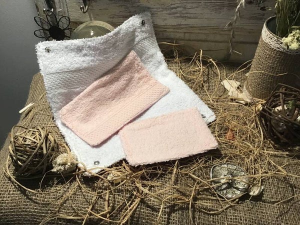 Essuie main et lingettes lavables rayé rose et blanc