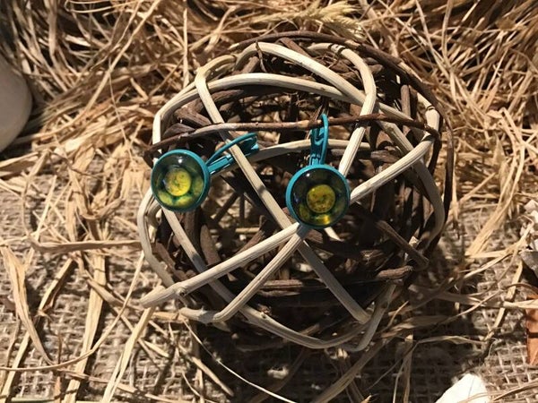 Boucle d’oreille clip turquoise,cabochon fantaisie jaune