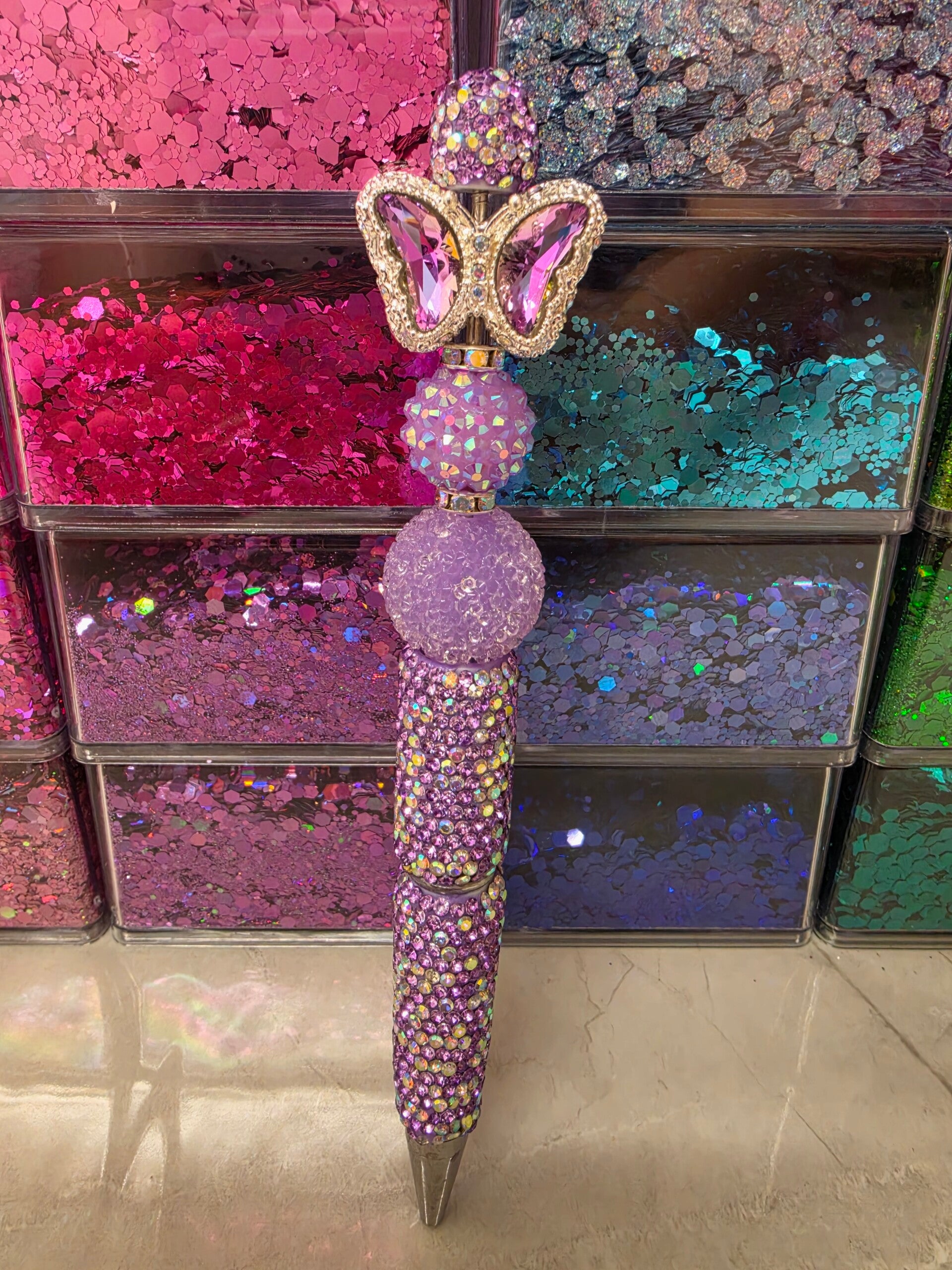 Purple rhinestone butterfly pen
