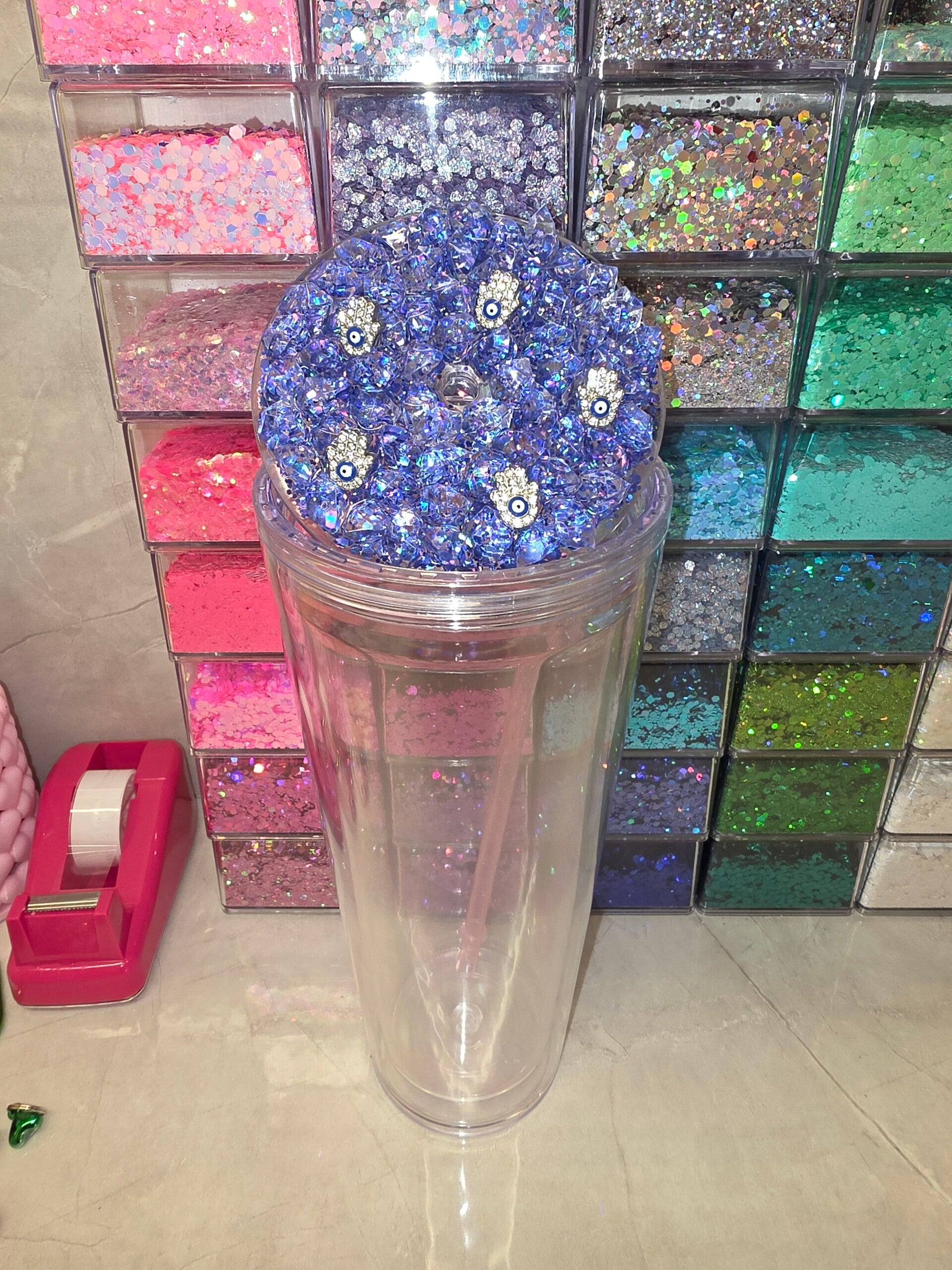 24oz Snowglobe tumbler with ICE lid and charms for customisation