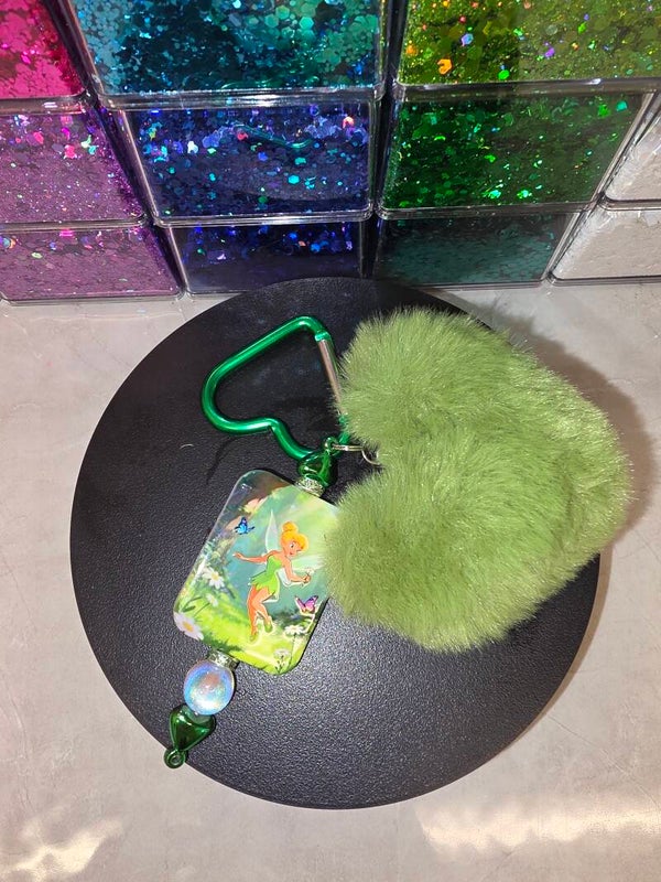 Tinkerbell fluffy heart green key ring