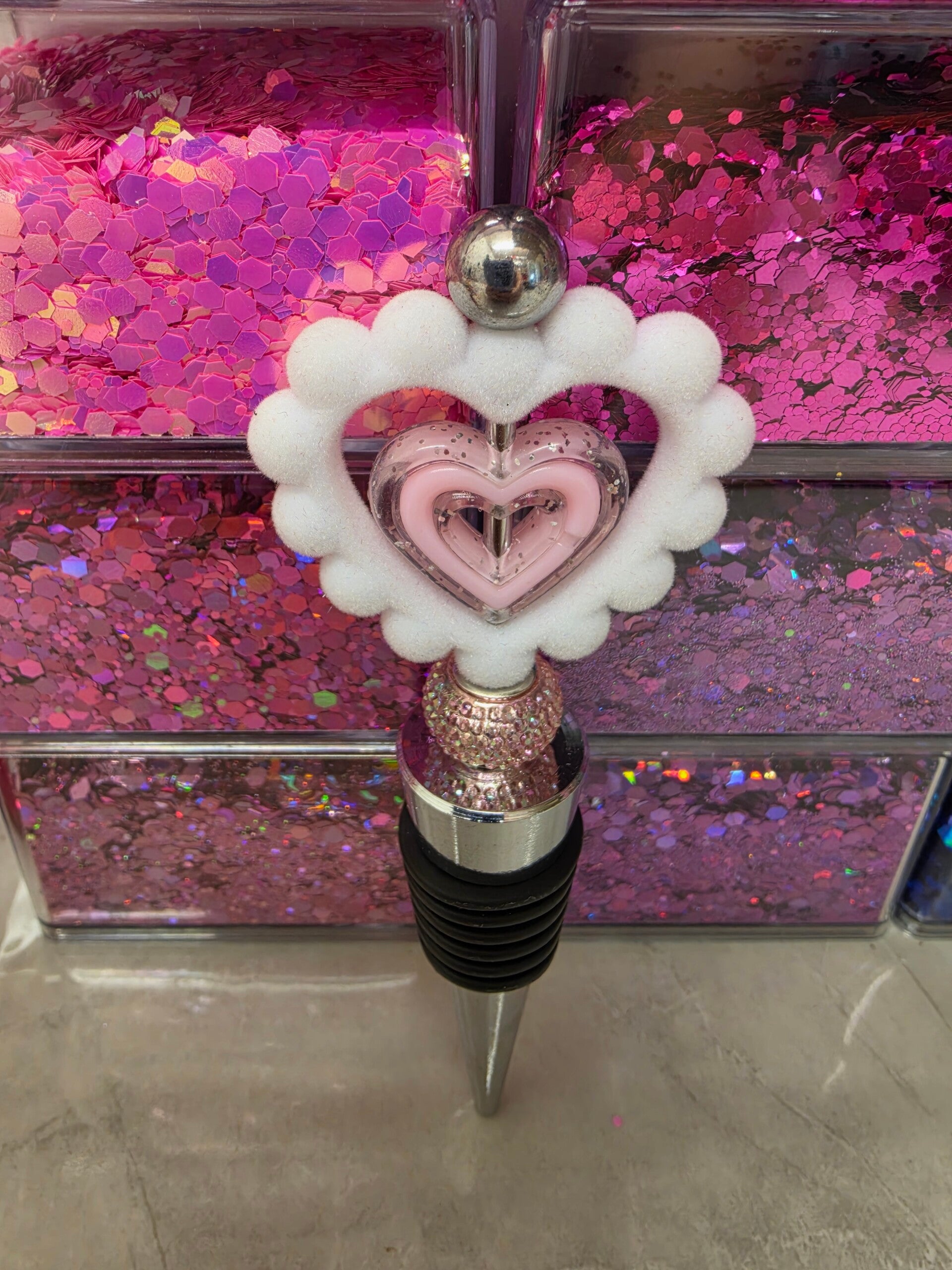 Pink and White heart wine stopper