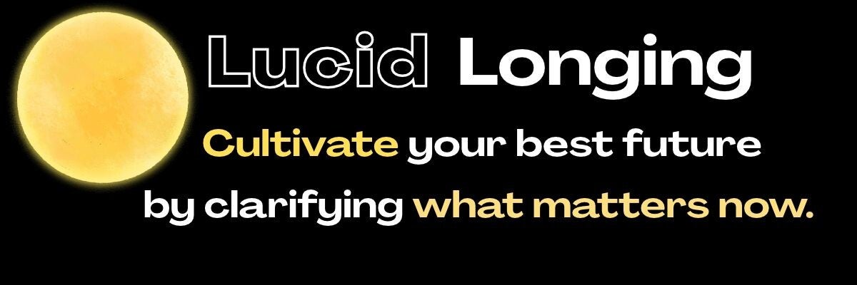 black banner with white and yellow letters: LUCID LONGING Cultivate your best future by clarifying what matters now.  Maya Frost, founder of Collapse Forward, is an imaginative futurist, practitioner, and researcher exploring  longing in agency.