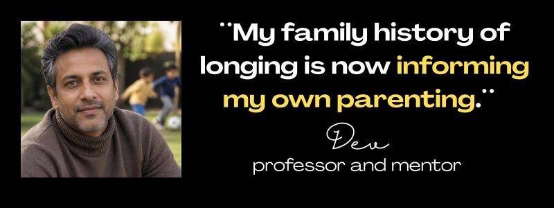 Client testimonials from Dev, professor and mentor: "My family history of longing is now informing my own parenting.:" 